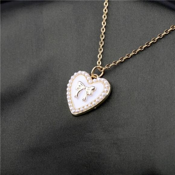 ENSIANTH Coquette Bow Necklaces– Pearl Heart Girly Jewelry for Girls - Picture 3 of 5